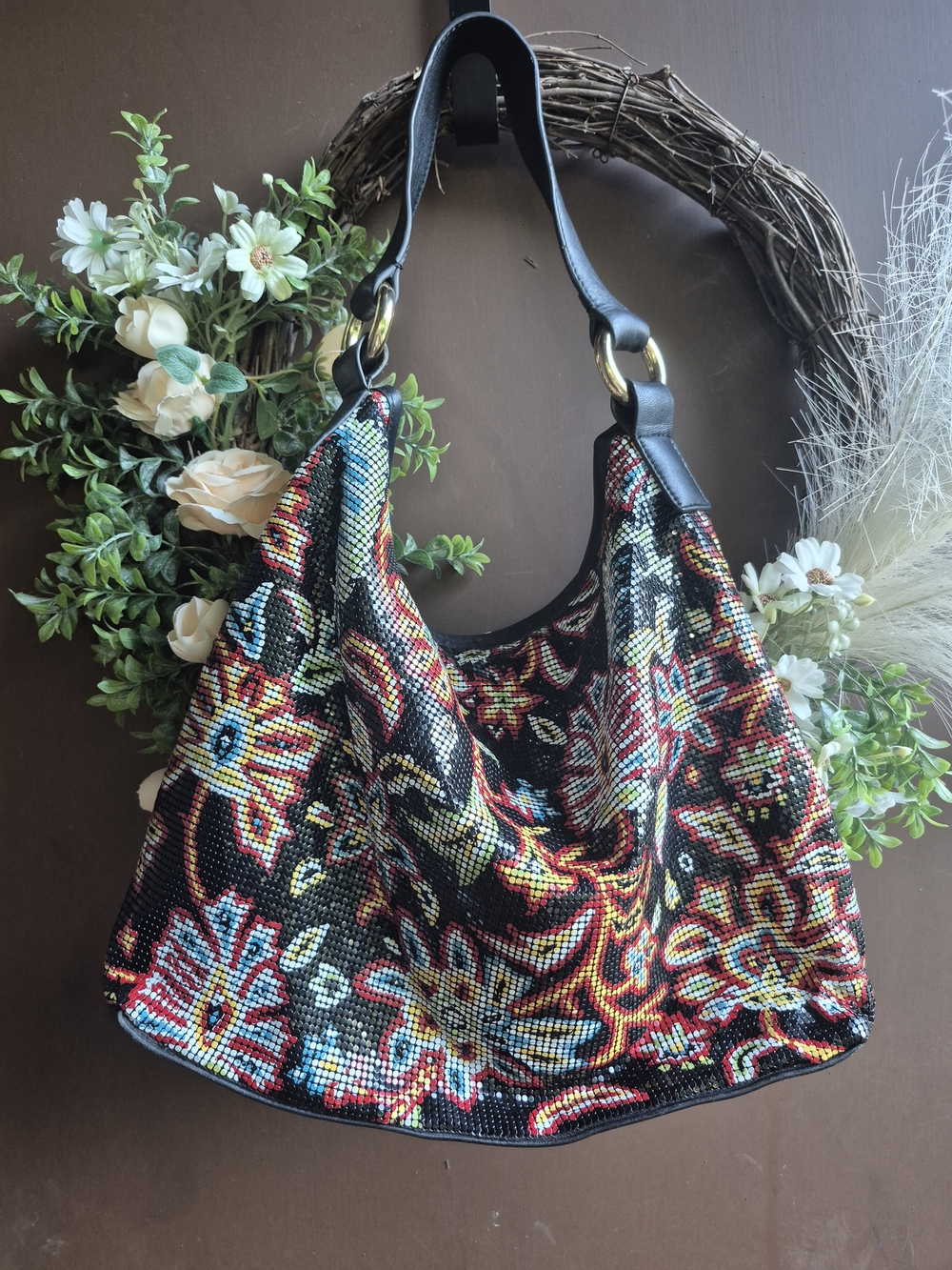 Whiting & Davis Black Floral Beaded Shoulder Bag with Multicolor Accents